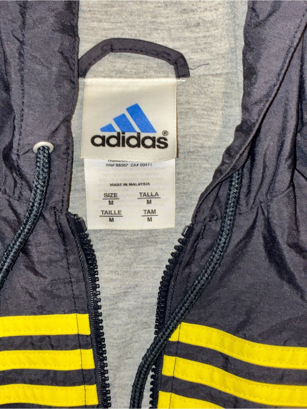 Vintage Y2K Adidas Hooded Windbreaker Jacket Navy Blue Yellow Striped Medium